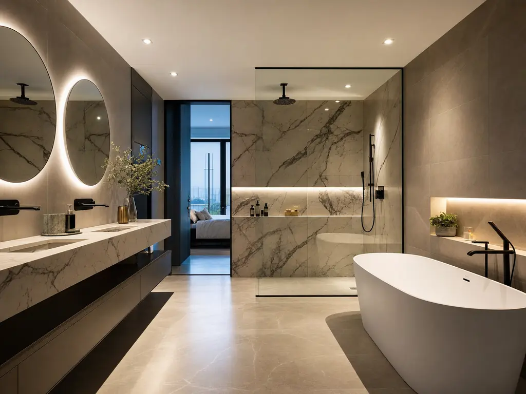 Baño reformado con ducha de obra, mampara y revestimiento de piedra