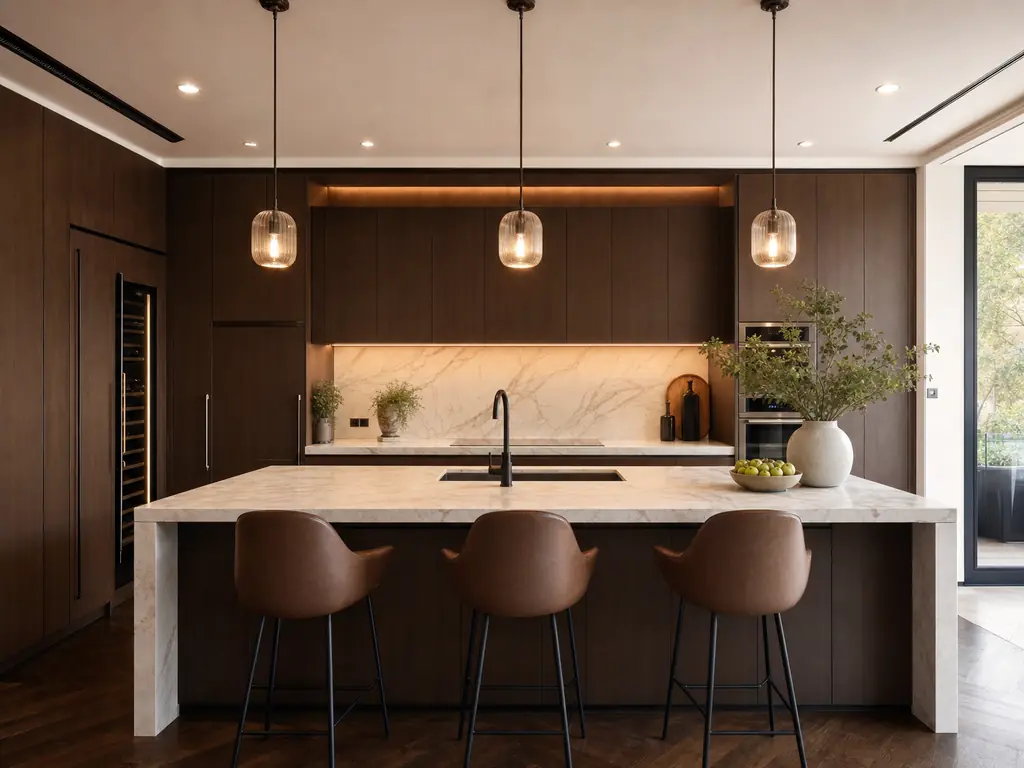 Cocina reformada con isla, encimera de piedra y muebles modernos
